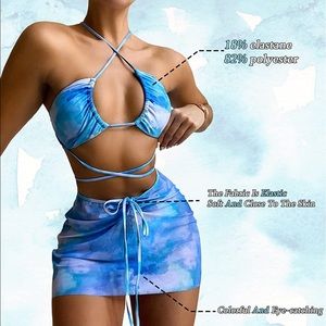 NEVER WORN - ROMWE BLUE TIE DYE BIKINI + COVER UP SKIRT - SIZE MEDIUM